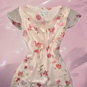 Vintage Y2K romantic floral sheer overlay midi dress flutter sleeve size P8